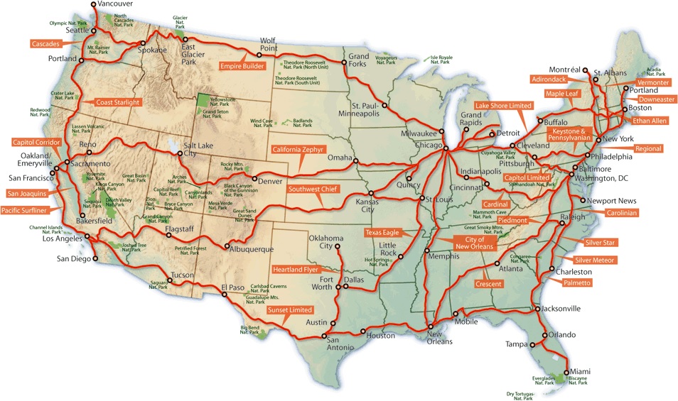 Mapa de Pases de tren USA Rail Pass de AMTRAK